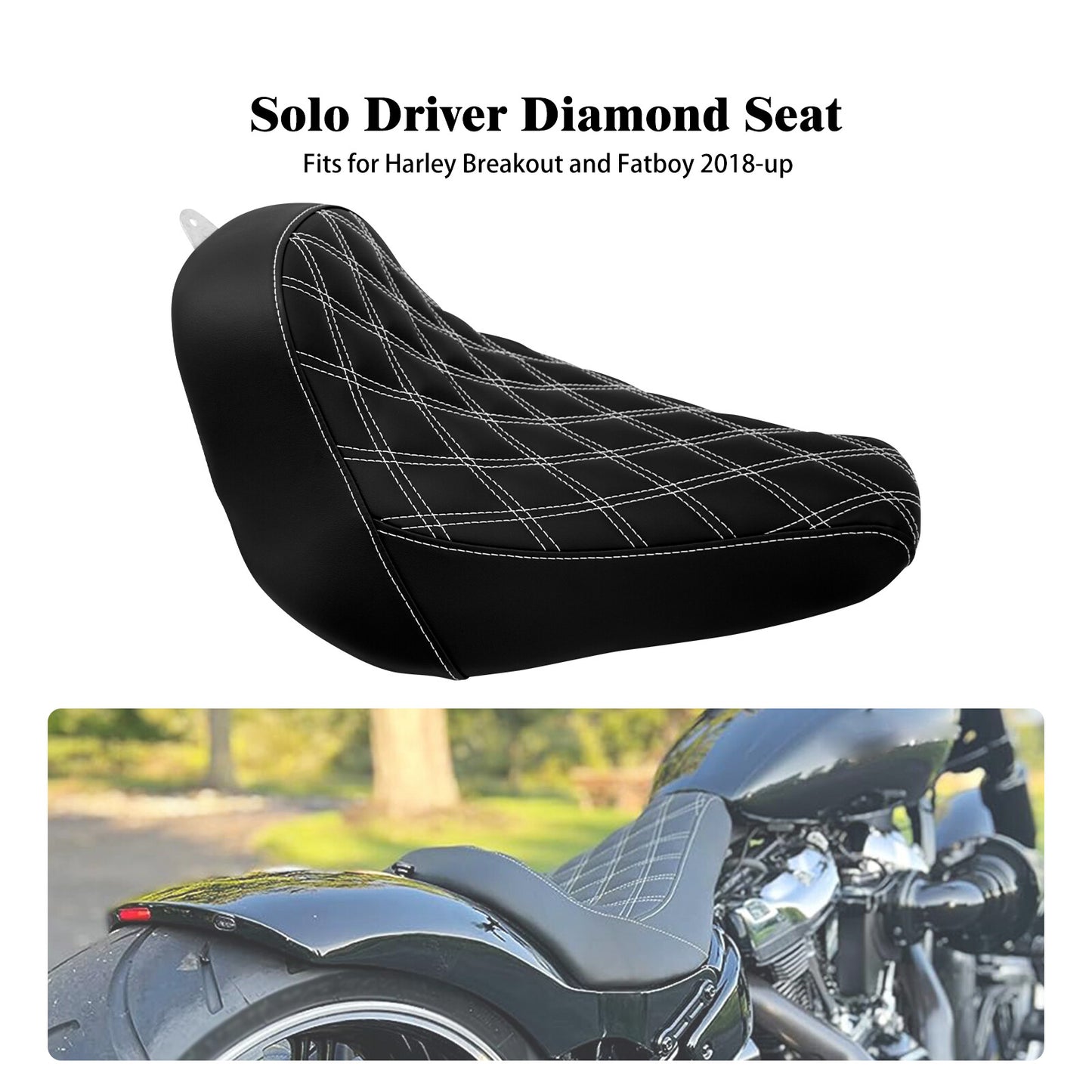 Black Front Driver Solo for Seat w/ White for Harley Breakout FXBR Fat Boy 2018-2023
