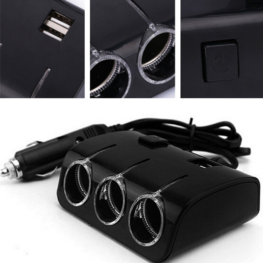 Car 3 Way Black Power Adapter Splitter Dual USB Charger Cigarette Lighter Socket