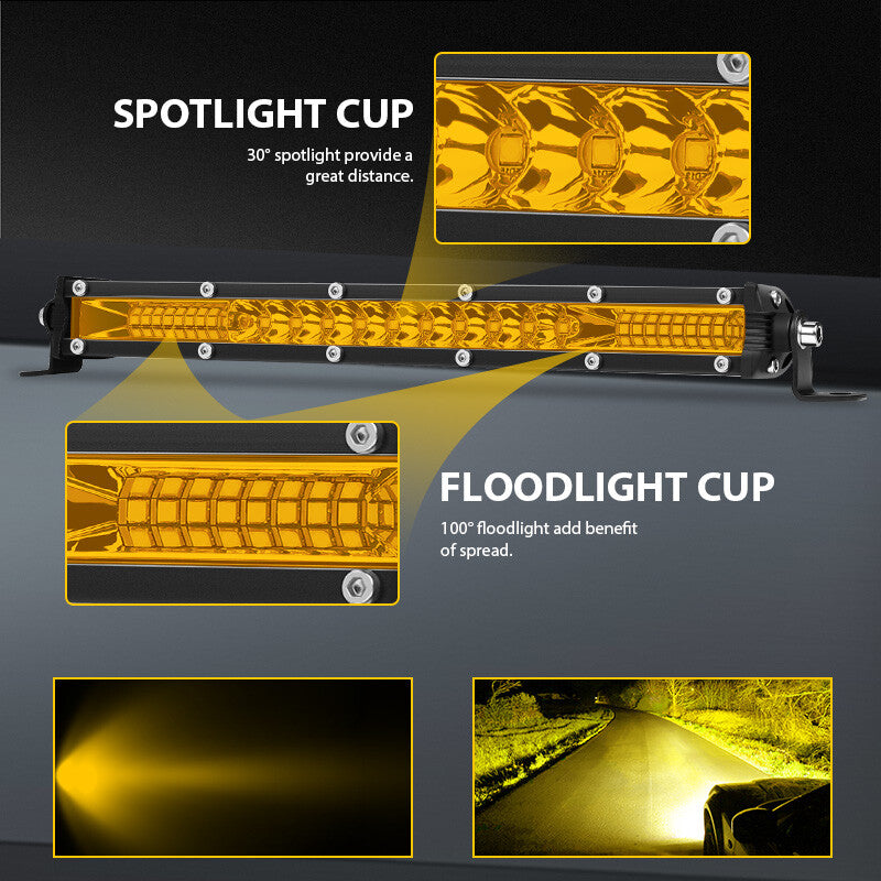 Yellow 20inch Single Row Slim LED Light Bar Flood Spot Combo Fog Offroad SUV ATV