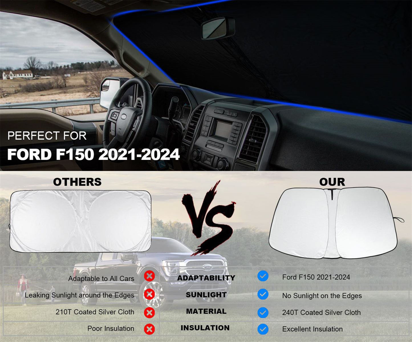 For 21-24 for Ford F150 Cab Privacy Cover UV Block Windshield Sun Shade Accessories