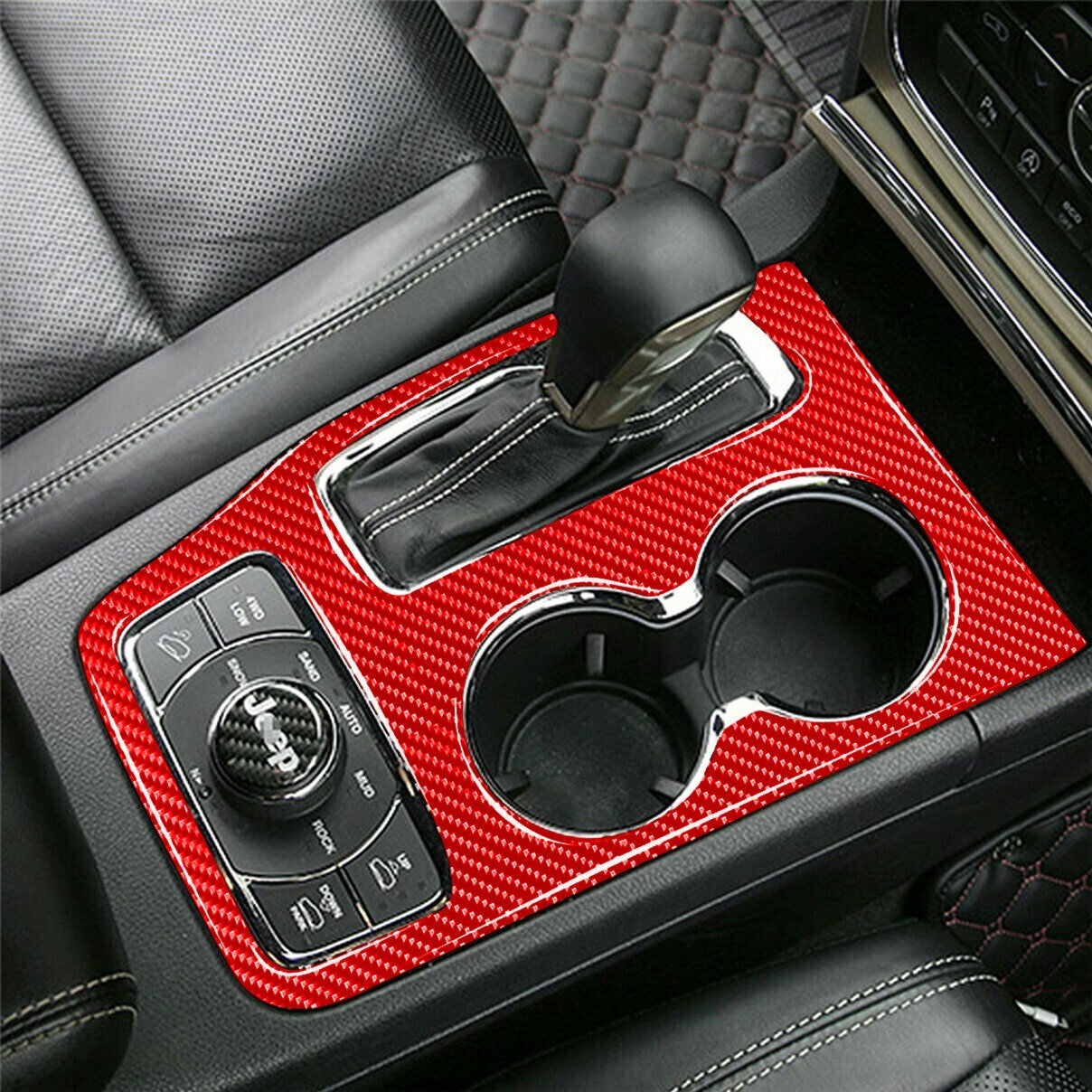 For 2016-2021 for Jeep Grand Cherokee Shift Knob Panel Cover Red Carbon Fiber Trim