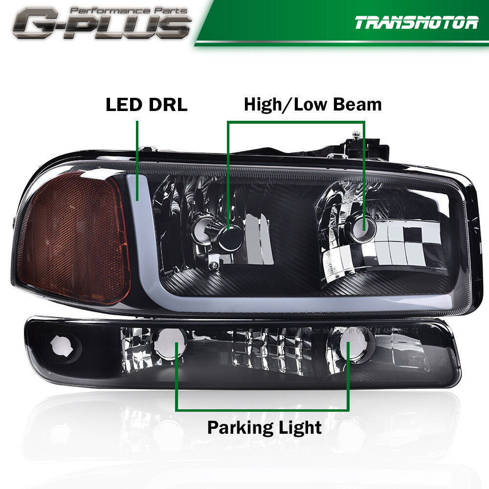 LED DRL headlights with bumper turn signals, smoked finish suitable for 99-07 for GMC for Sierra for Yukon