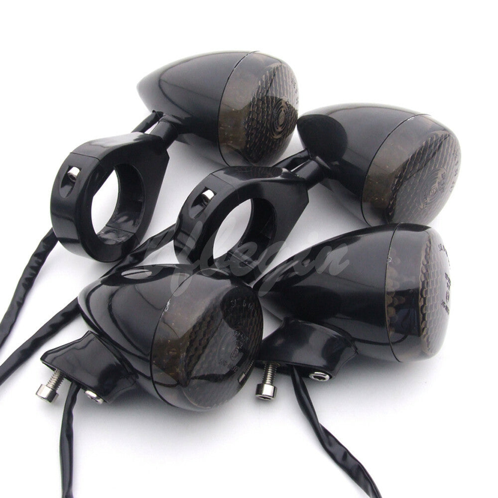Black 4X front and rear LED turn signals for motorcycles, 39mm fork clips for Harley-Davidson .