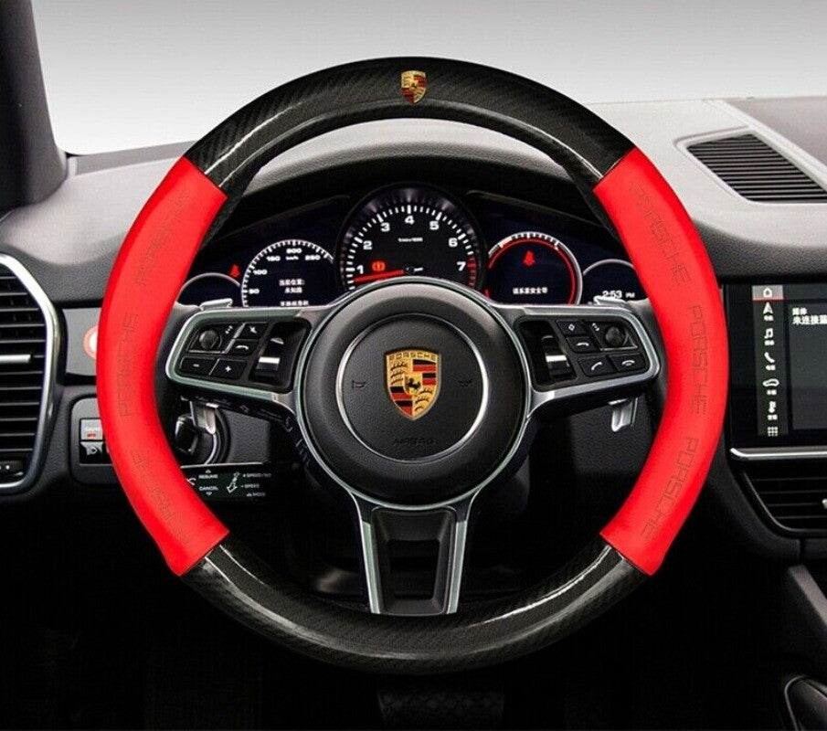 Red 15-inch leather car steering wheel cover for Porsche