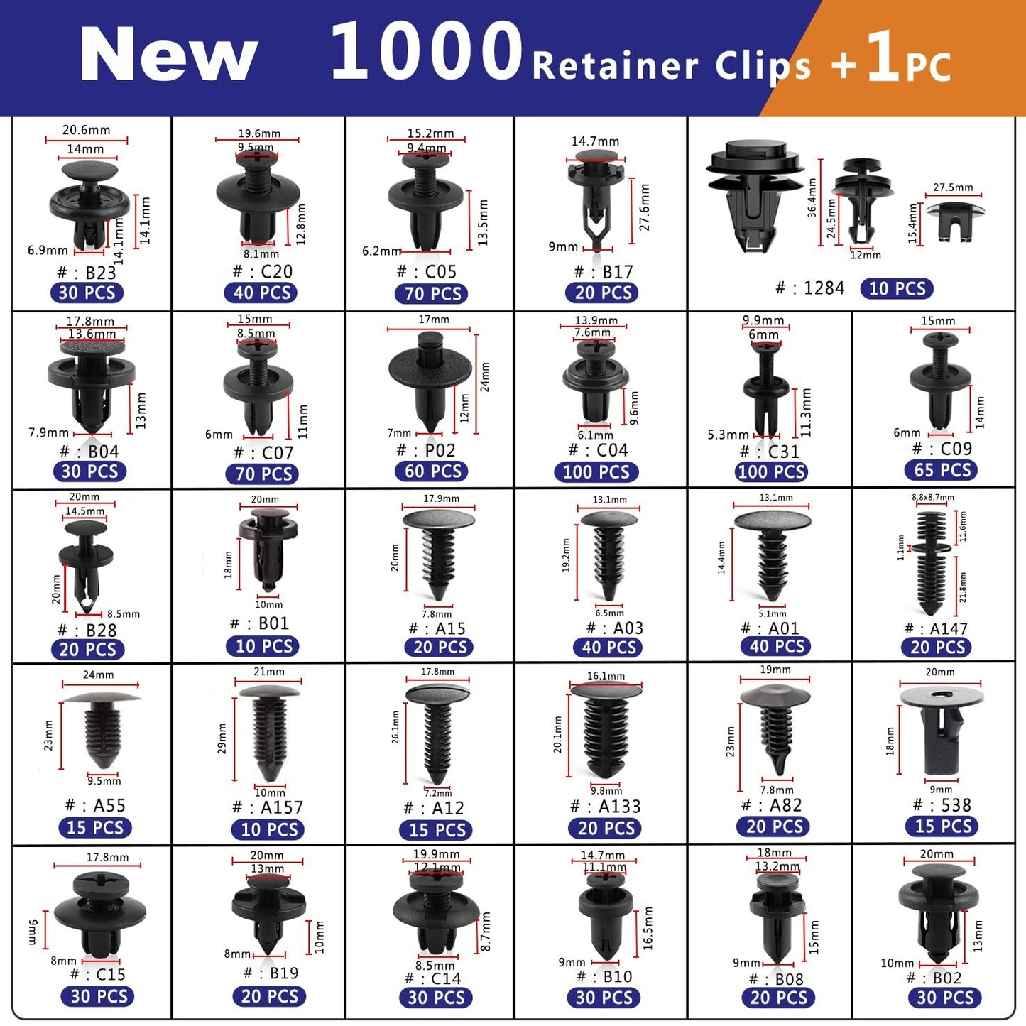 1000-piece pack of car bumper clips, cover holders, fixing clips, plastic rivets, push pins, Christmas tree-shaped clips