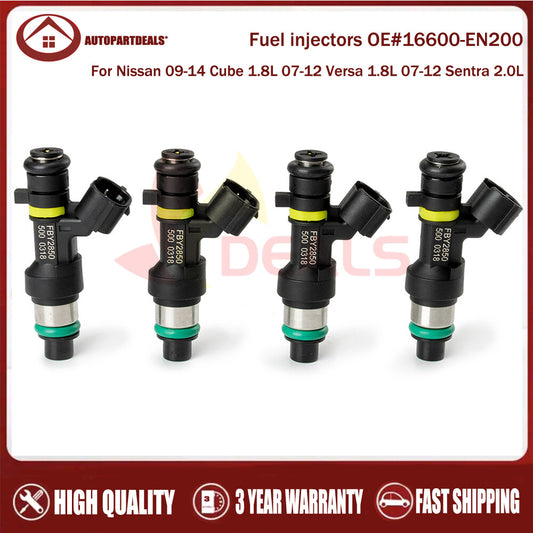 Four fuel injectors are suitable for Nissan 09-14 Cubic 1.8L, 07-12 Versa 1.8L, and 07-12 Sentra 2.0L.