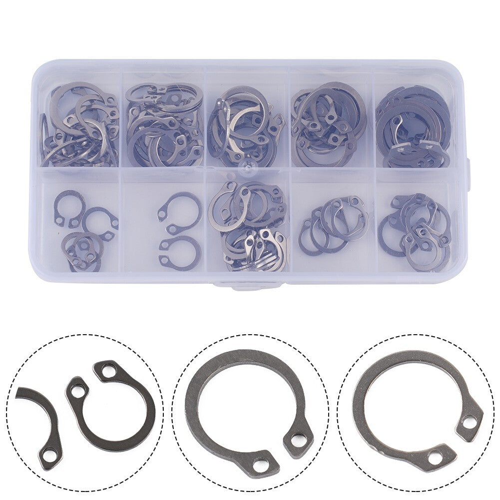 100-piece set of silver 304 stainless steel external ring retaining ring kit, 8mm-18mm