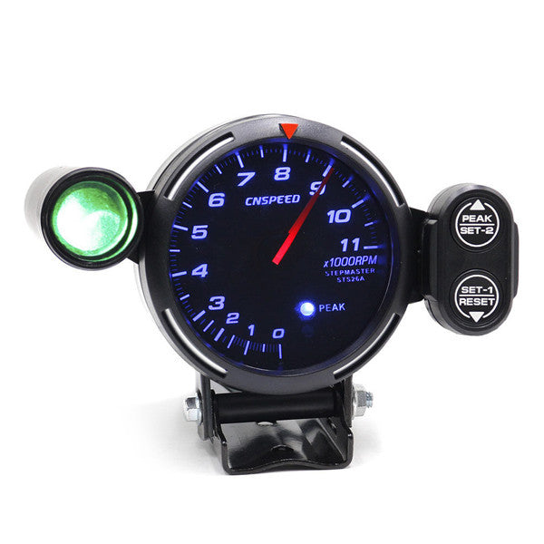 3.5-inch automotive tachometer kit with LED automatic shift indicator and stepper motor for tachometer readings.