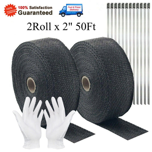2-inch 50-foot x 2 Rolls Fiberglass Exhaust Pipe Heat Packing Tape Black + 10 Tie Kit