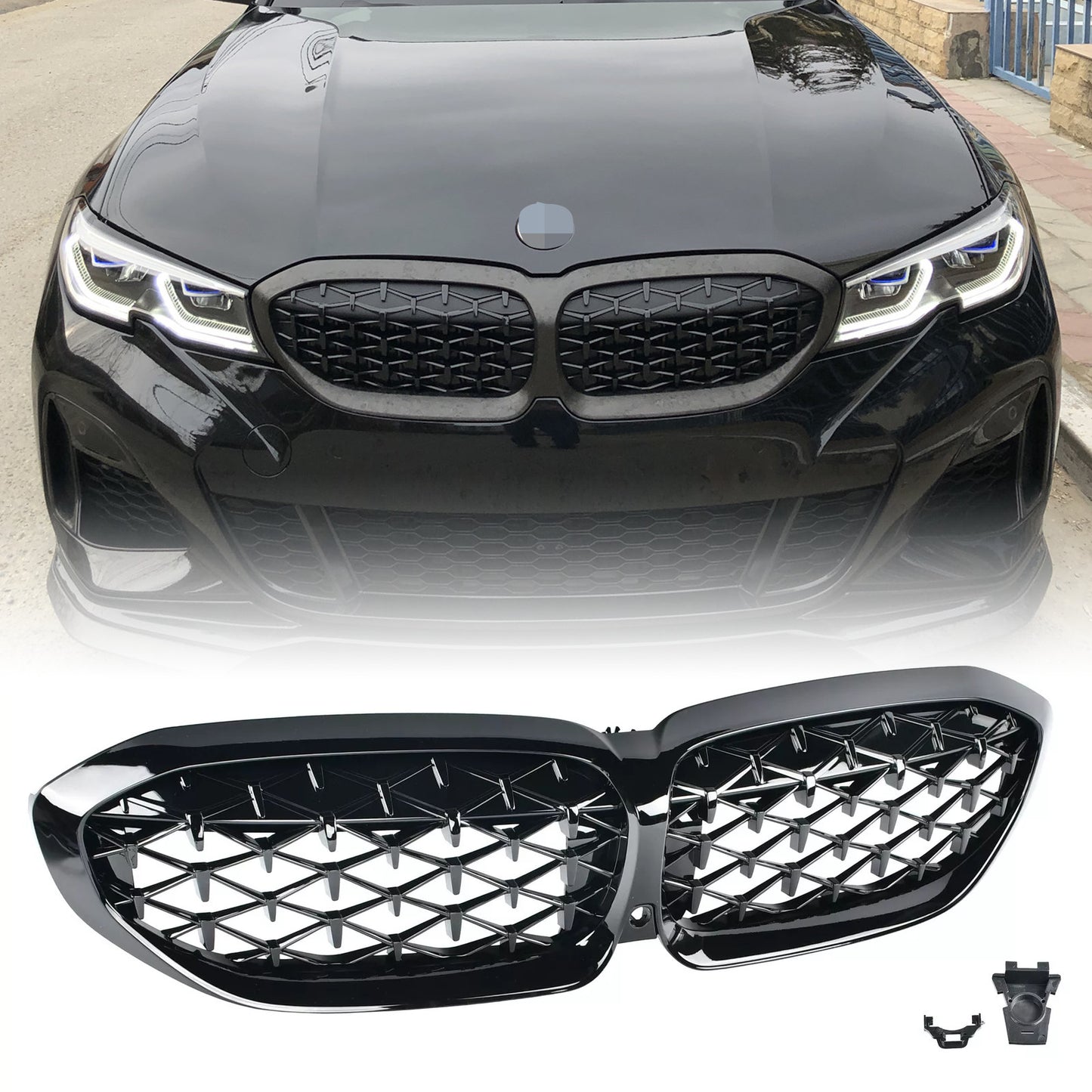 For 2019-2022 for BMW G20 330i M340i Front Kidney Diamond Grille Glossy Black Grill