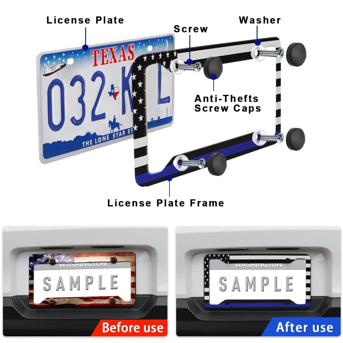 2X for Ram 1500 2500 US Flag Patriotic Car License Plate Frame Front Rear Cover