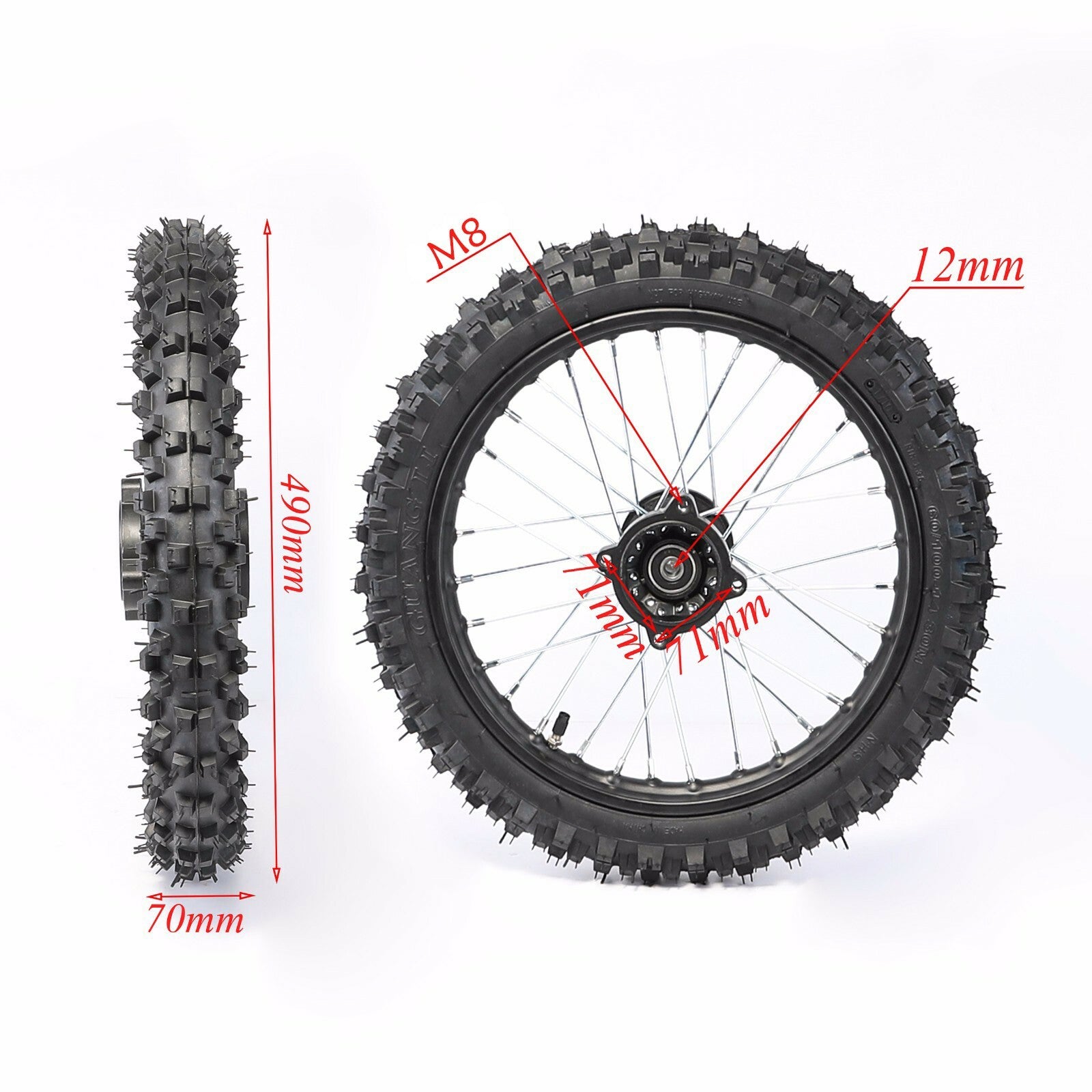 12mm 60/100-14 front tire, 1.4x14 rim, rotor suitable for Taodaokeng bicycles 110cc and 125cc.