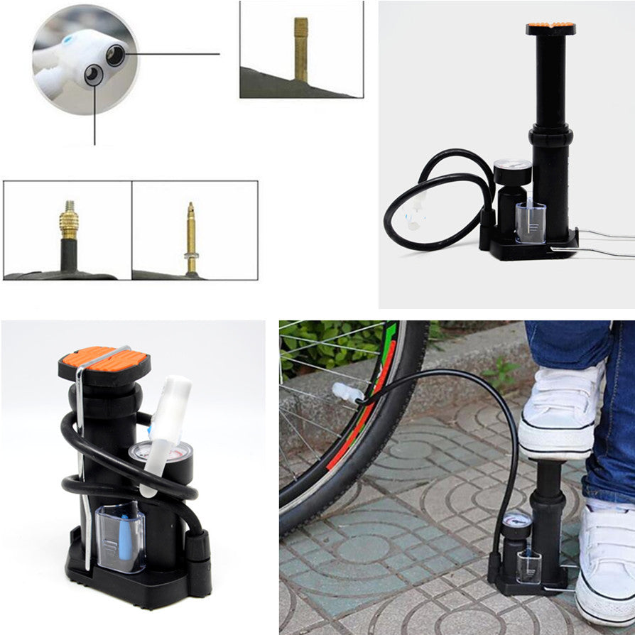 Motorcycle Foot Pedal Floor Pump Wheel Tire Tyre Inflator Pressure Gauge Tool