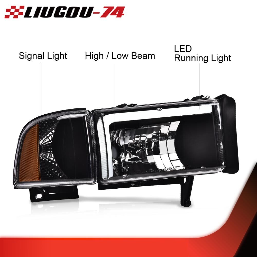 Suitable for 94-02 for Dodge for Ram 1500-3500, black housing, amber corner LED DRL headlights.