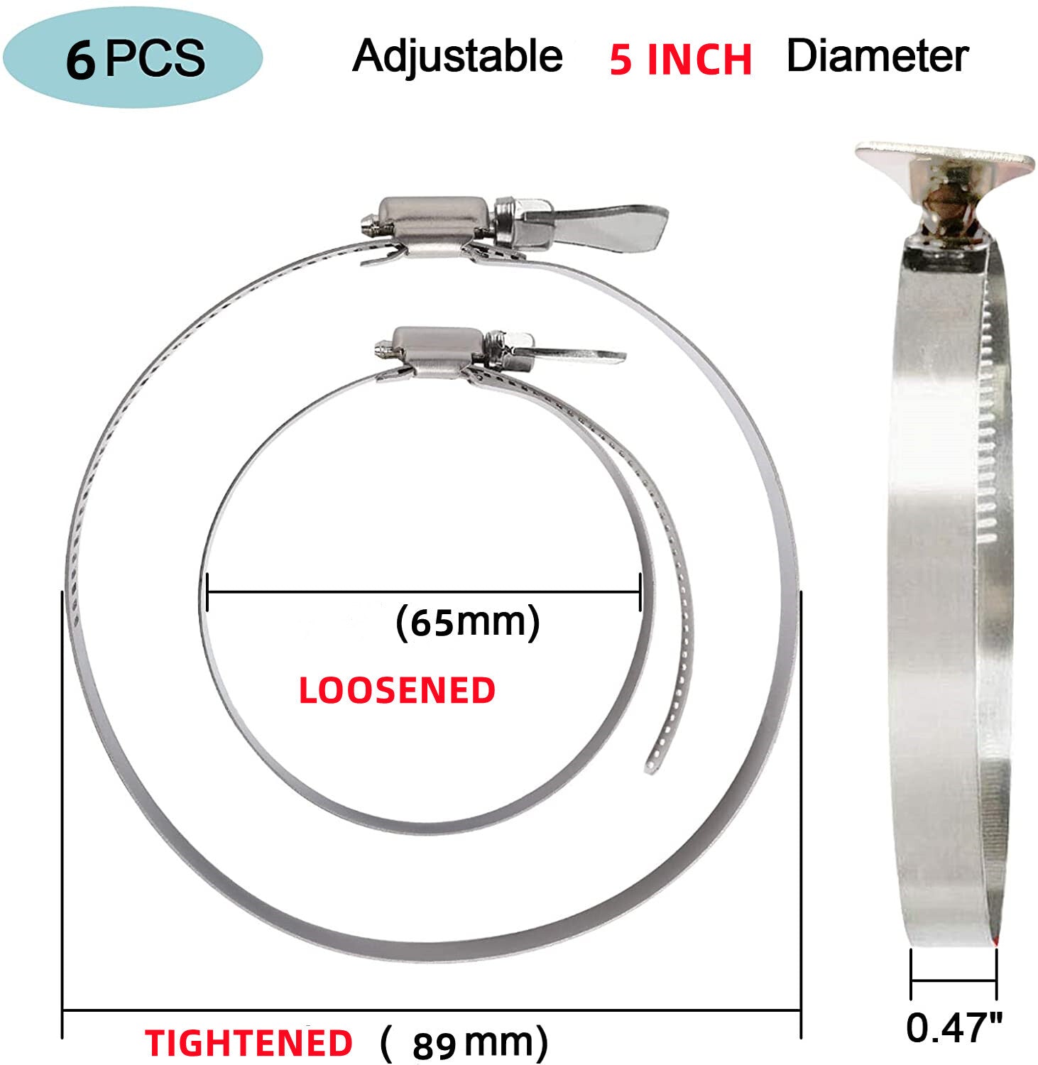 5-inch hose clamps for air hoses, water hoses, fuel hoses, thumb screws, and butterfly hose clamps.