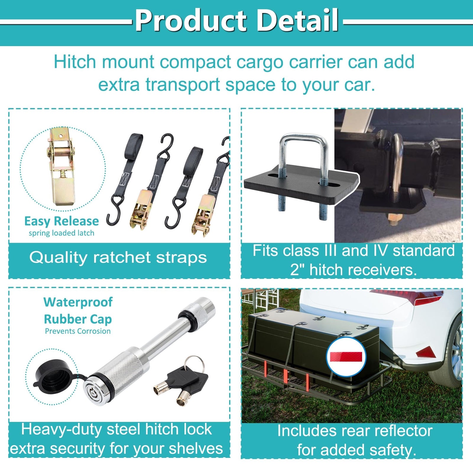 Durable trailer with hanging rack, folding cargo basket, and cargo netting