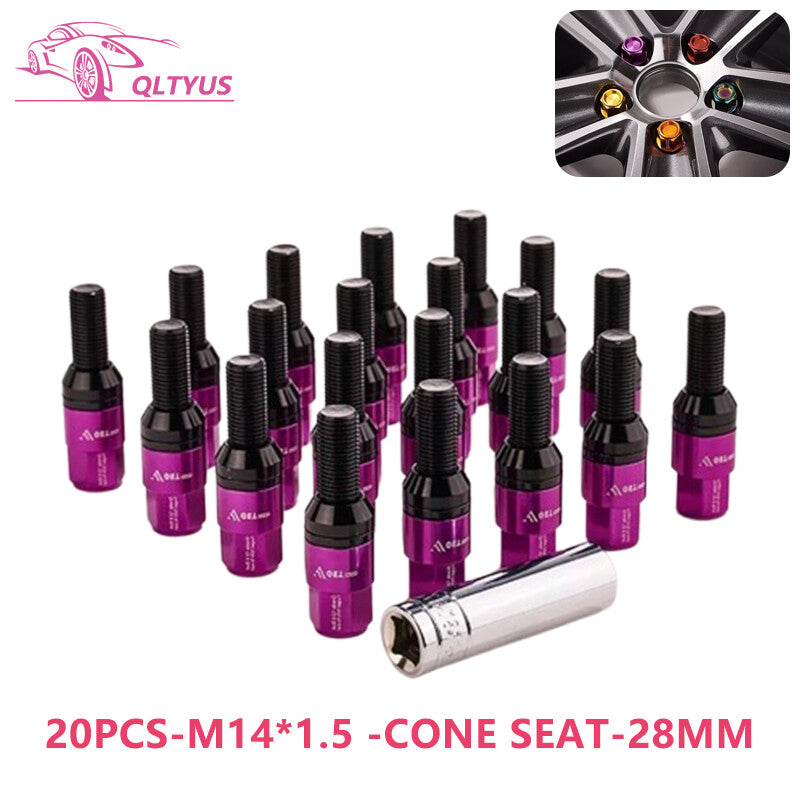 20-piece set of 28mm M14x1.5 wheel lug bolts and tapered for seat studs suitable for most aftermarket purple