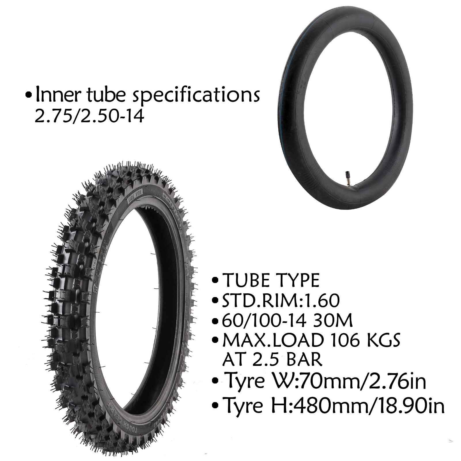 60/100-14 front tire + inner tube for TTR110 CRF70 Dirt Pit Trail bikes