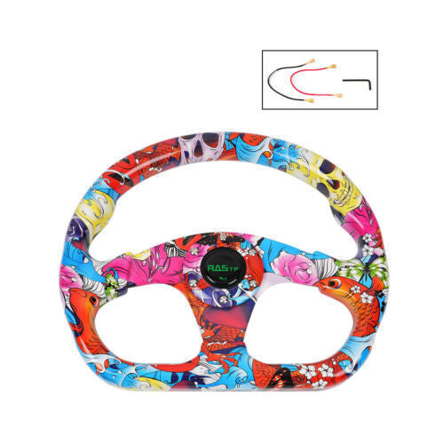 Universal 13 325mm Racing Graffiti Pattern Flat Steering Wheel with Horn Button
