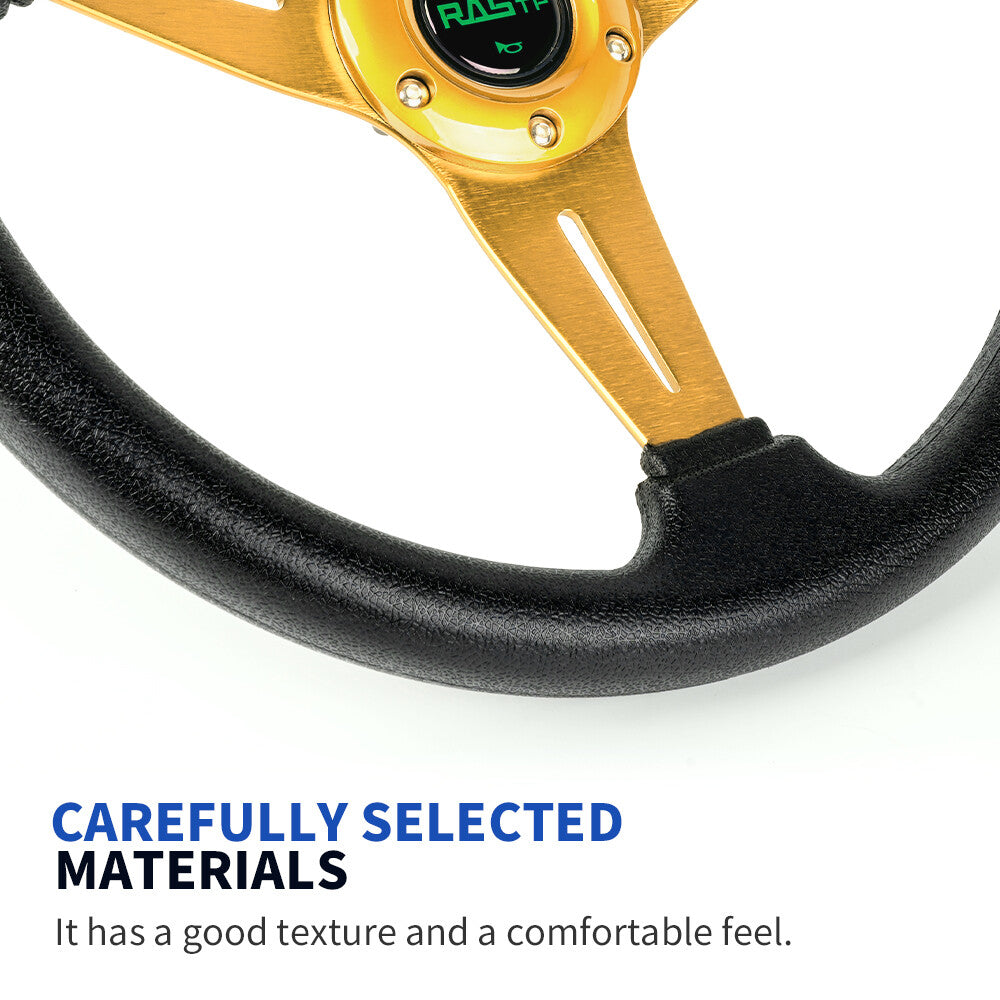 Universal 14 Steering Wheel w/Horn Button Sport Racing Deep Dish PVC 6 Bolt
