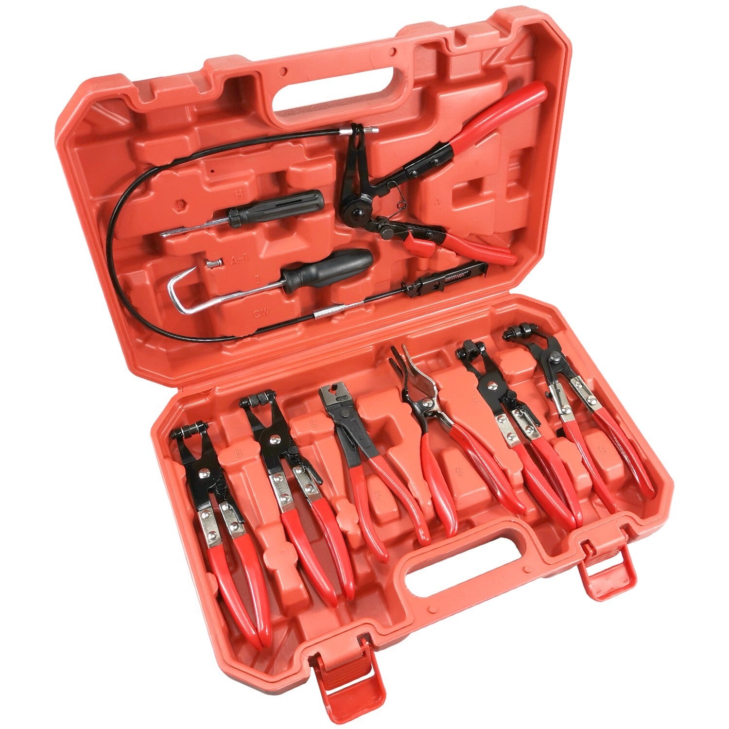 9-piece set of automotive fuel and water hose installation tools, flexible locking hose clamps and pliers.