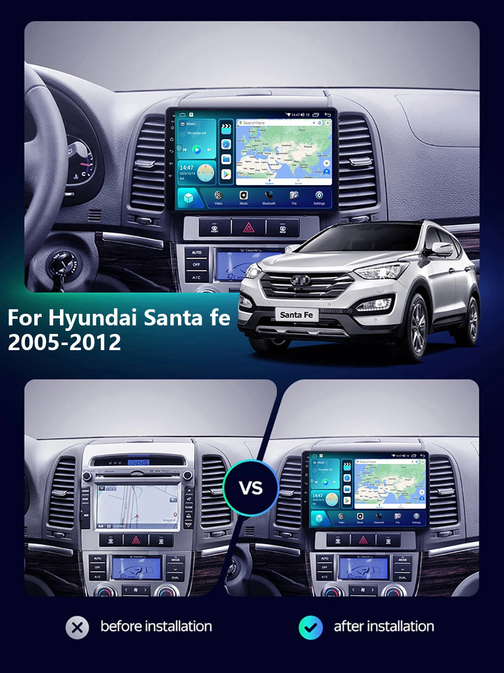 for Hyundai Santa Fe 2005-2012 GPS for Navigator CarPlay Car Radio Multimedia Screen