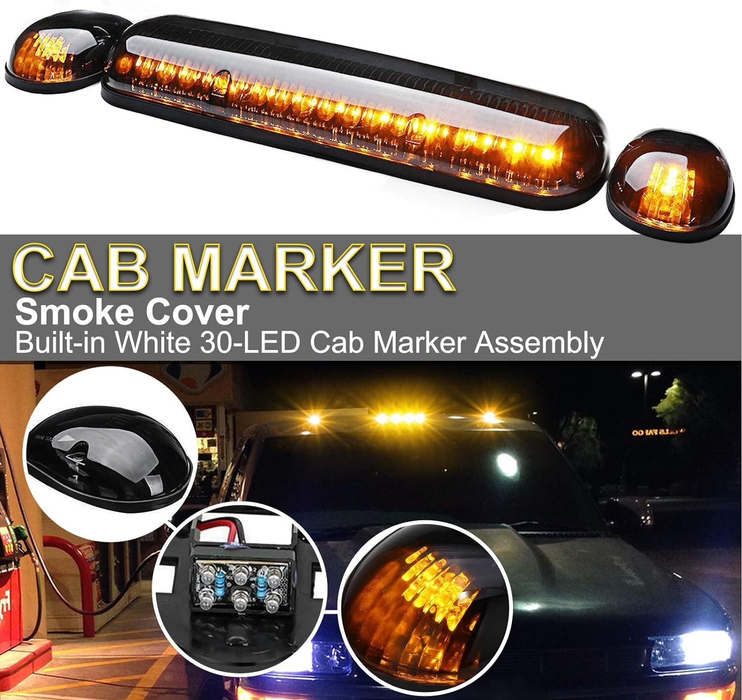 3x For 2002-2007 for Chevy for GMC for Sierra 1500 Smoke Amber LED Cab Roof Top Marker Light