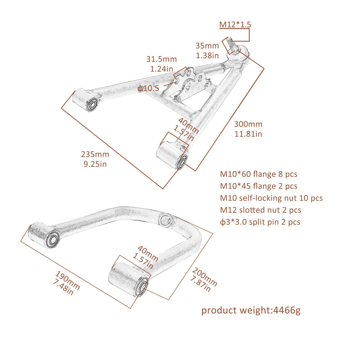 Suspension and shock absorber upper/lower control arm kit for all-terrain vehicles, four-wheel off-road vehicles, go-karts, 110cc, 125cc, 150cc