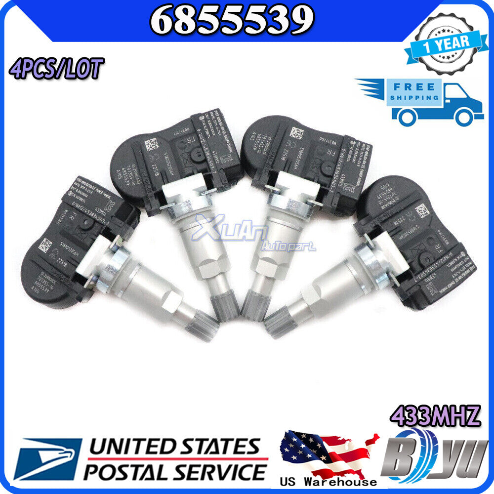new 4-piece TPMS tire pressure sensor kit (model 6855539) for BMW 2 Series, 3 Series, 4 Series, i3, i8, X1, X2, X5.