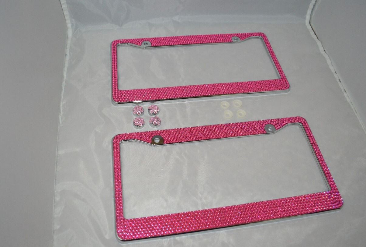 2-Piece Car License Plate Frame Cover for Rear Trunk Pink Glitter Crystal Suitable for Jeeps