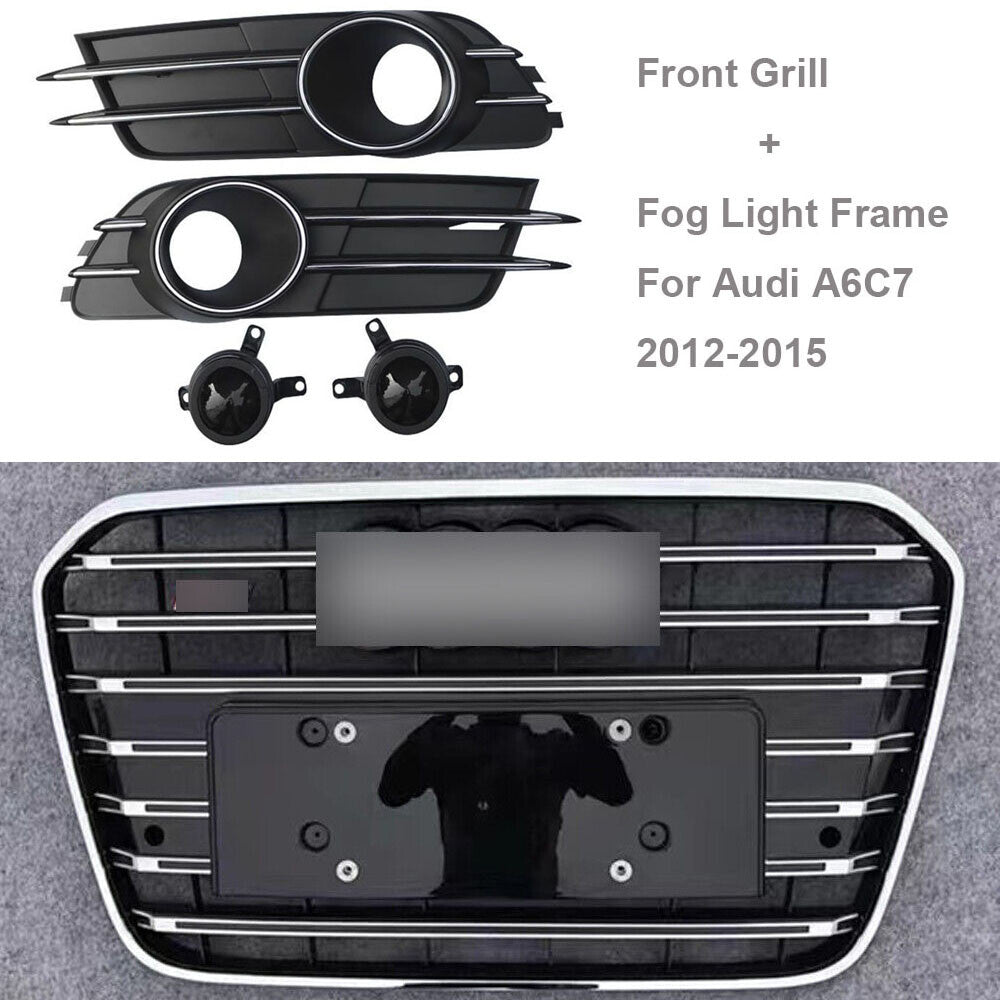 Front Grille Bumper Grill+Fog Light Lamp Frame W/ACC Fit for Audi A6C7 2012-2015