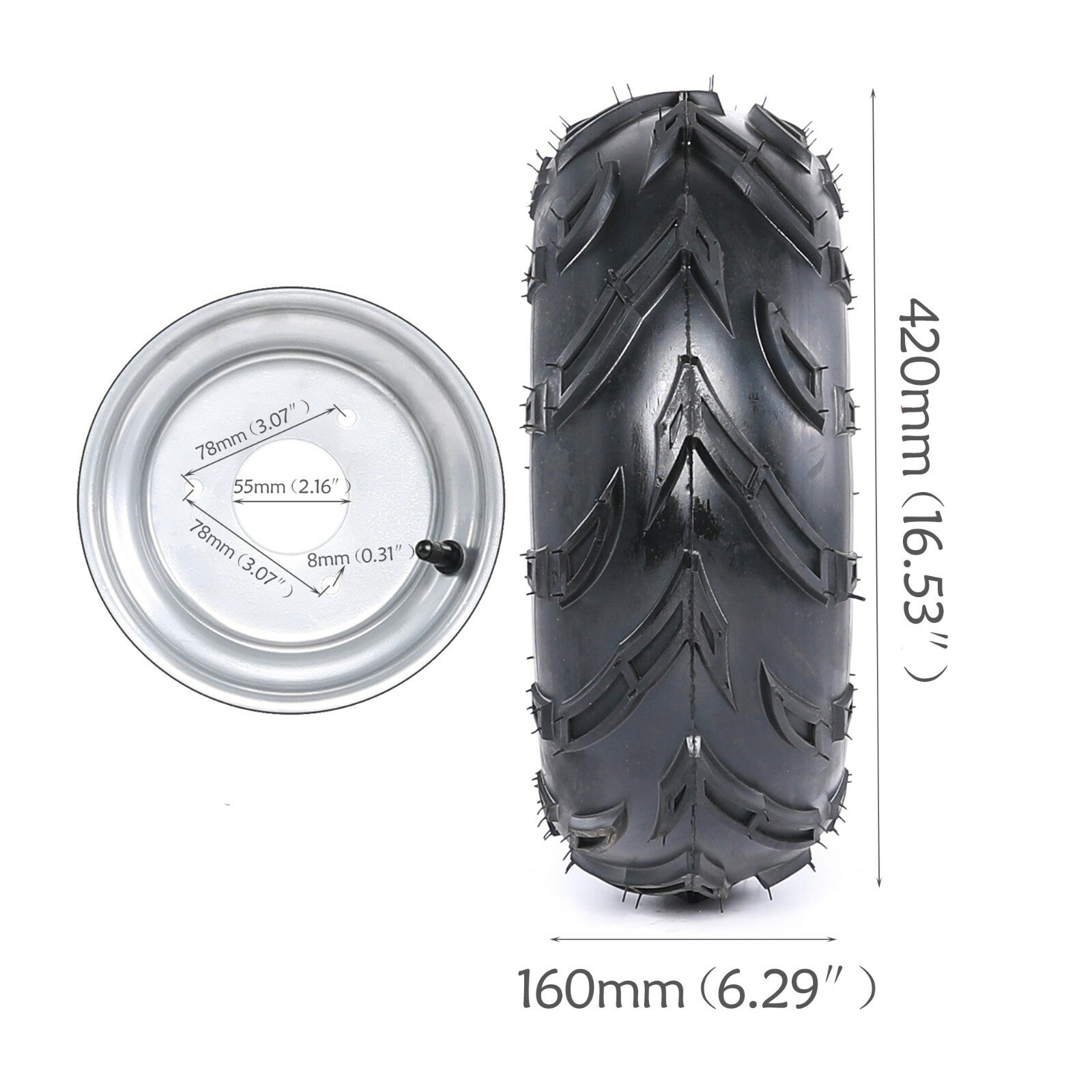 A pair of 16x8-7 wheels + 3 screws, axle, and rims for all-terrain vehicles, four-wheel go-karts, 50cc - 125cc off-road vehicles.