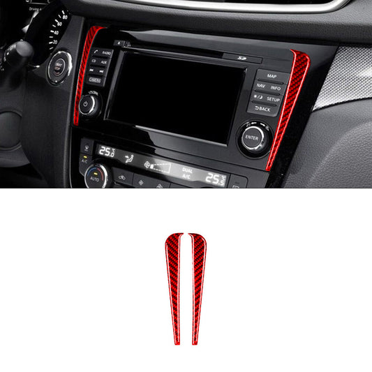 2X Red Carbon Fiber Navigation LCD Strips Trim Cover for Nissan Rogue 2014-2016