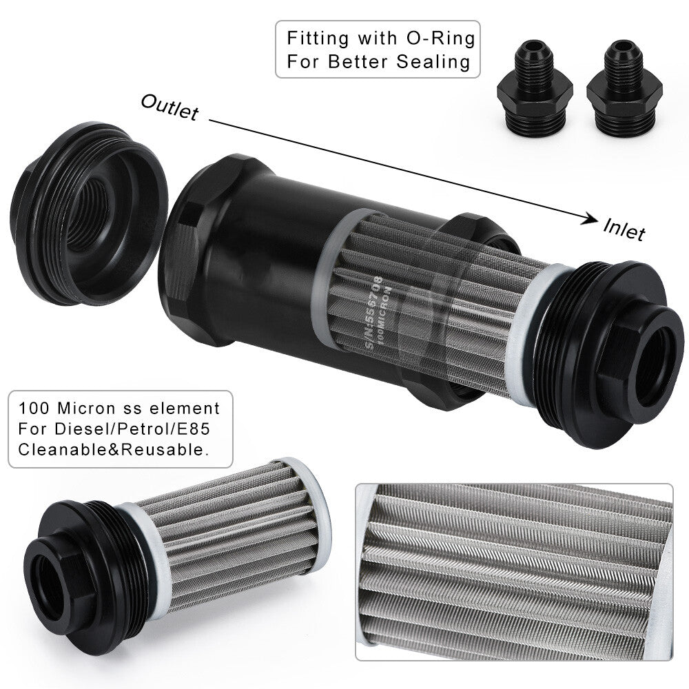 Black AN6 Inline Fuel Filter E85 Ethanol With 100 Micron Stainless Steel Element
