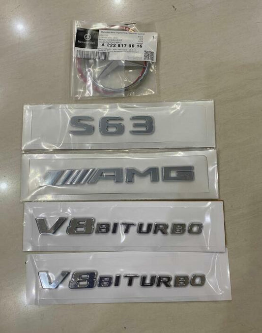 FOR S63 SEDAN AMG V8 BITURBO Rear Star Emblem silver Badge Combo Set W222