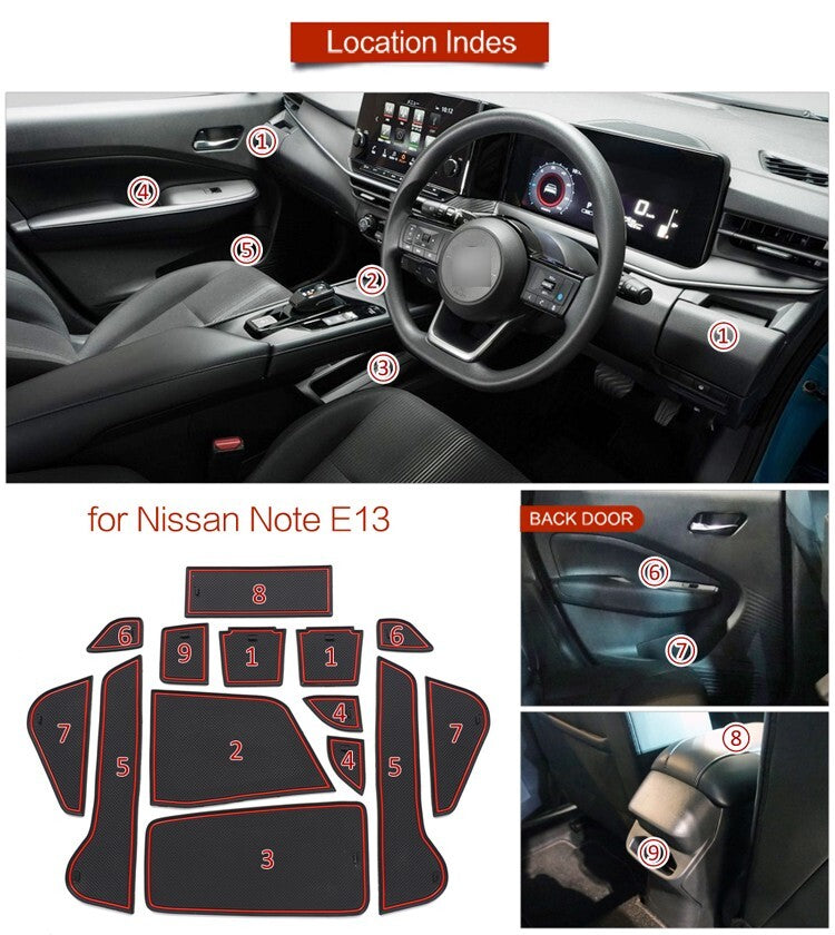 for Nissan Note E13 Anti-Slip Gate Slot Cup Mat Door Groove Pad Coasters BLACK