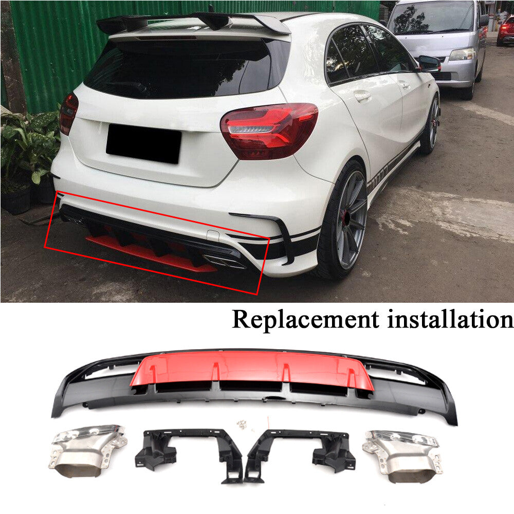 for Mercedes A W176 A45 ABS Rear Bumper Diffuser Lip W/Exhaust Tips Tailpipe