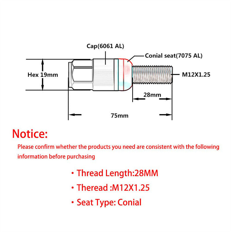 M12x1.25 Wheel Lug Bolts 20pcs Cone for Seat Studs 28mm Shank for Jeep for Chrysler Blk