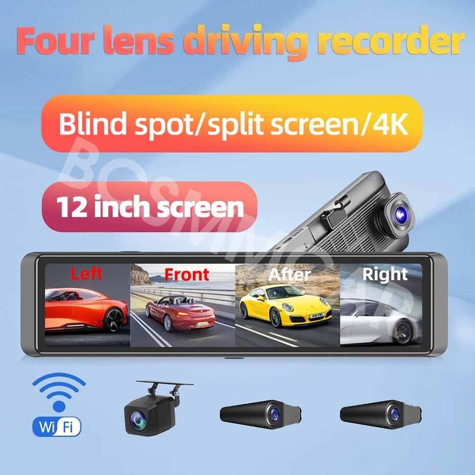 12 WIFI 4CH Car GPS Rearview Mirror Dash Cam Recorder Touch Screen Night Vision
