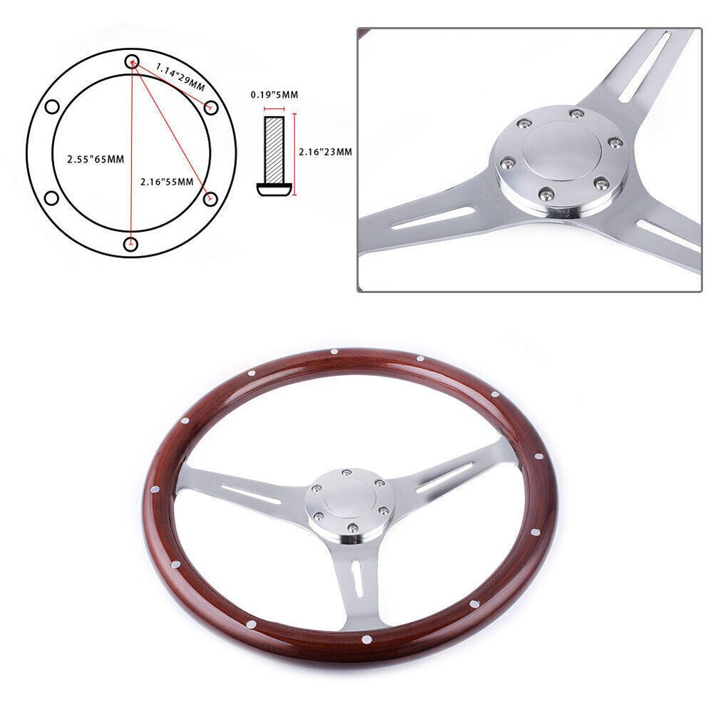 15 Inch 380mm 6 Hole Billet Steering Wheel Dark Wood Riveted Grip Chrome Spoke