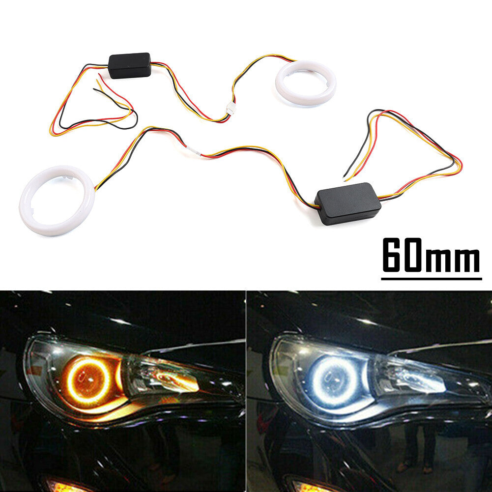 60MM White Amber Switchback LED Angel Eyes Halo Rings Car Headlight Retrofit