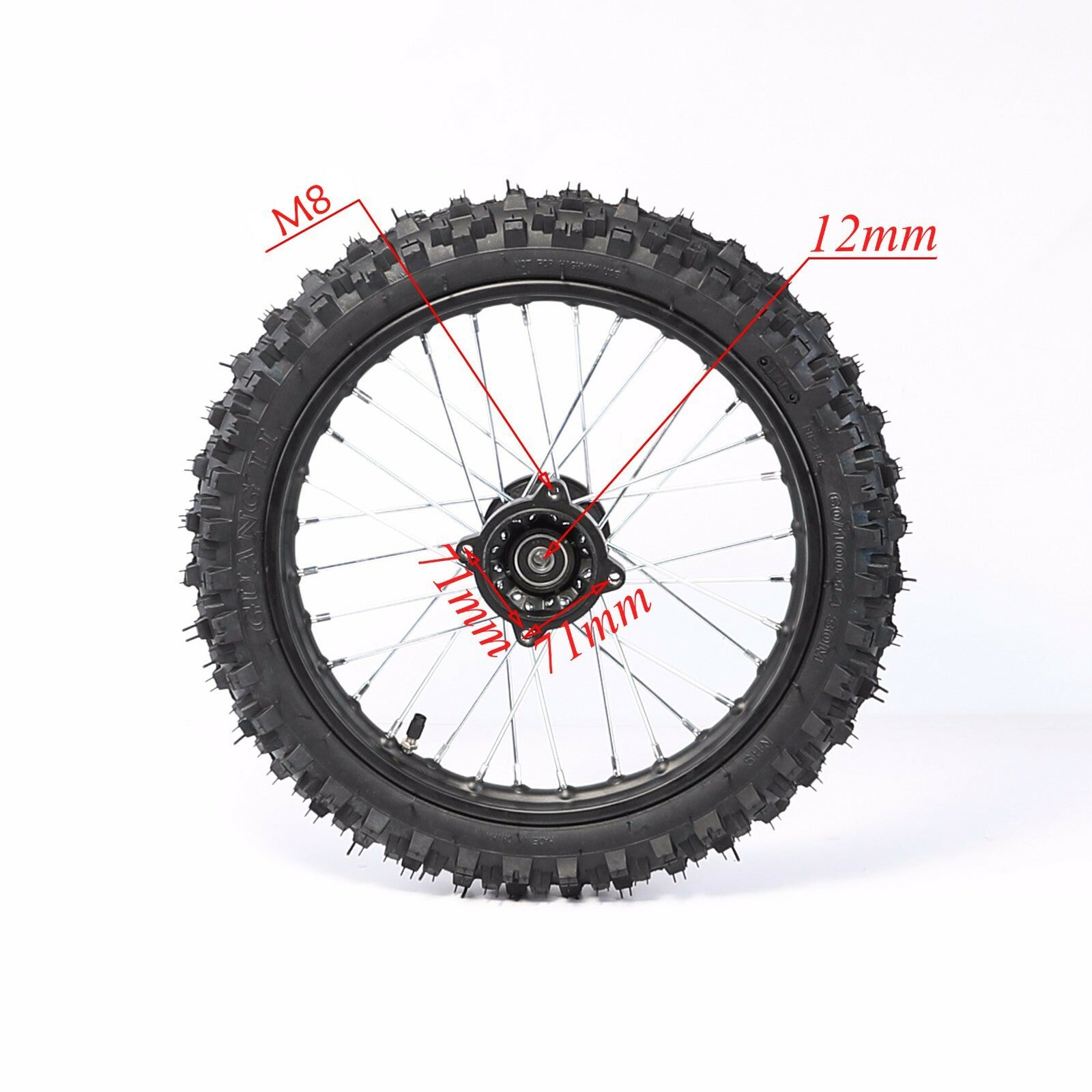 12mm 60/100-14 front tire, 1.4x14 rim, rotor suitable for Taodaokeng bicycles 110cc and 125cc.
