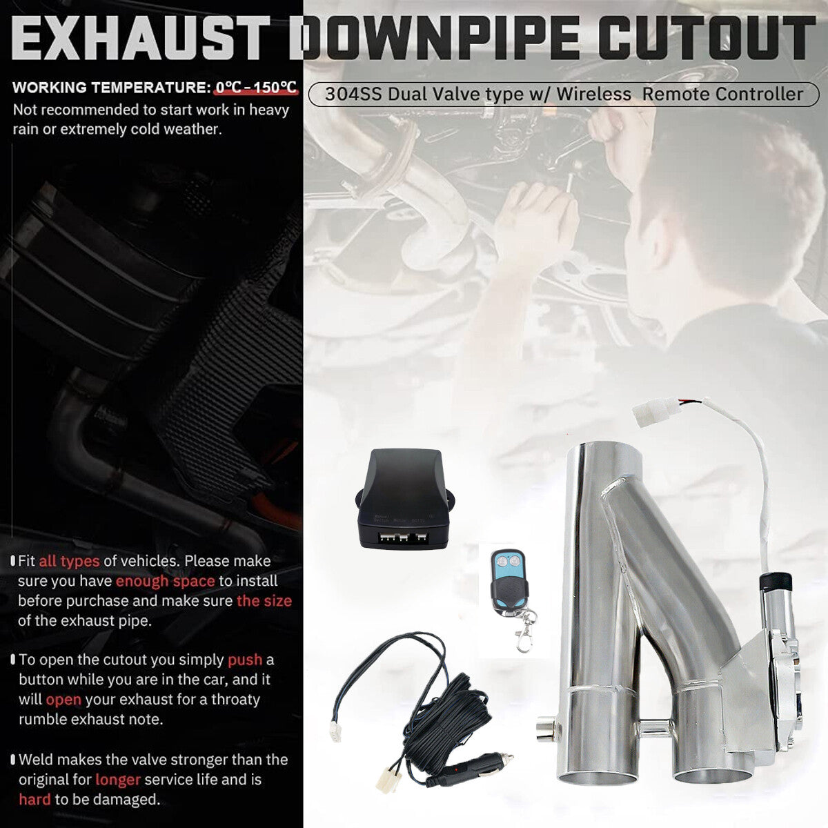 2.5 Y Pipe Electric Exhaust Dual Valve Dump Control Valve Kit w/ Remote Switch