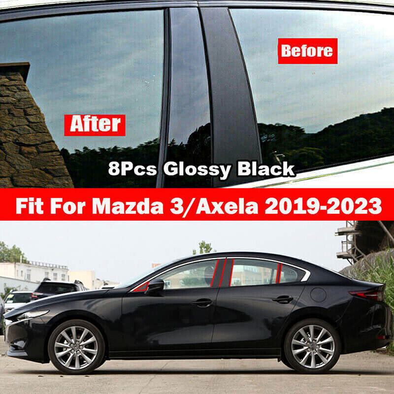 8X Black Window Pillar Posts Set Door Trim Piano Cover for Mazda 3 Axela 19-2023