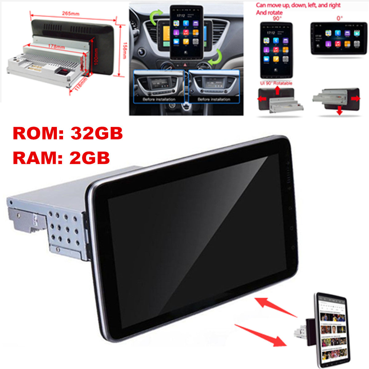 1DIN 10.1 Car Stereo Radio Player Touch Screen GPS Wifi Mirror Link Android9.1