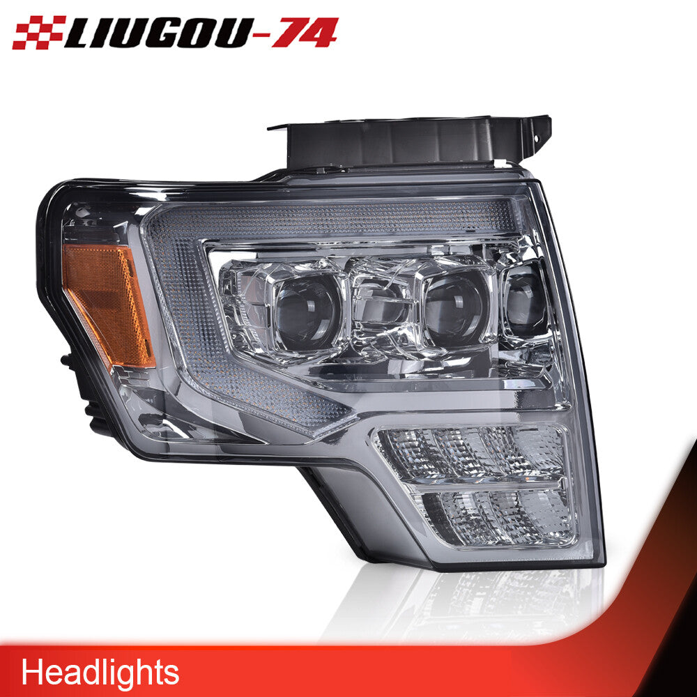 Suitable for 09-14 for Ford F150 smoked lens dual LED DRL tube projector headlights (pair).