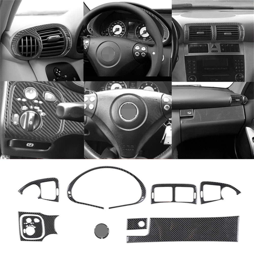 11Pcs Carbon Fiber Interior Dashboard Set Trim Kit for Benz C Class W203 2005-07