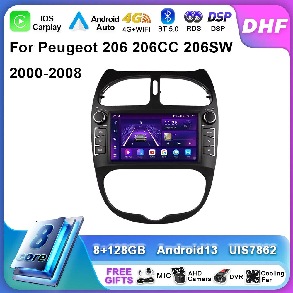 for Peugeot 206 206CC 206SW 2000-2008 Car Radio CarPlay Video Player Screen GPS