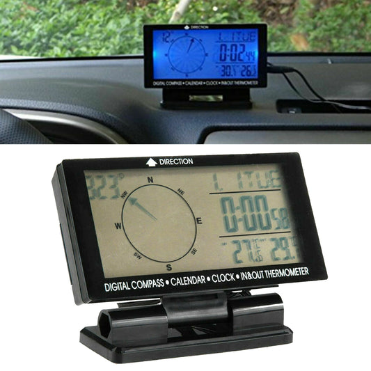 In-car digital compass, 4.6-inch LCD screen with blue LED, clock, thermometer, and calendar.
