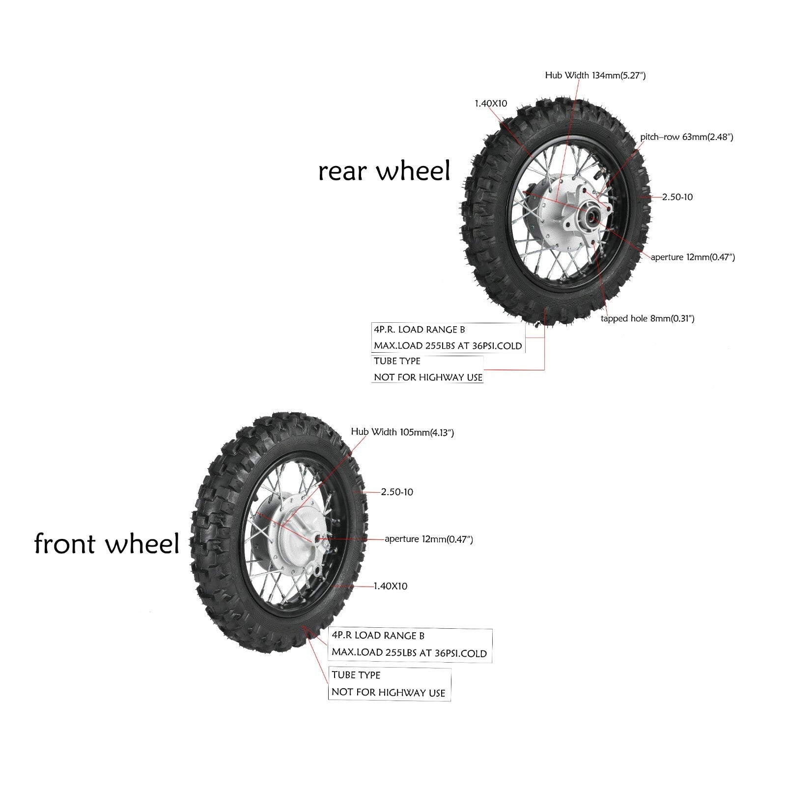 10-inch front and rear wheels, 2.50-10 tires, rims with sprockets, dirt pit bicycle CRF50 TTR50 XR50
